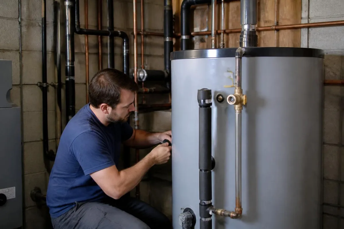 Plumber installing a commercial water heater in a mechanical room, commercial plumbing in Durham, NC