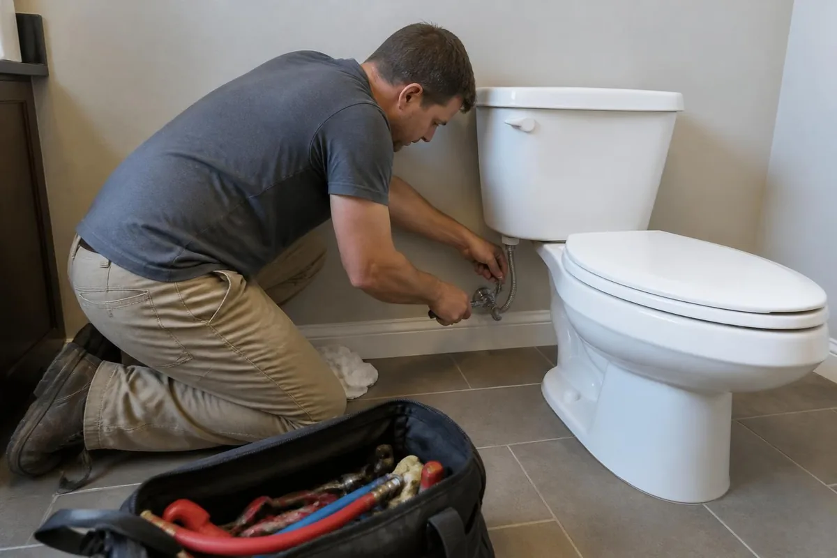 Plumber with a toolbag replacing a leaking supply line behind a toilet, emergency plumber in Durham, NC