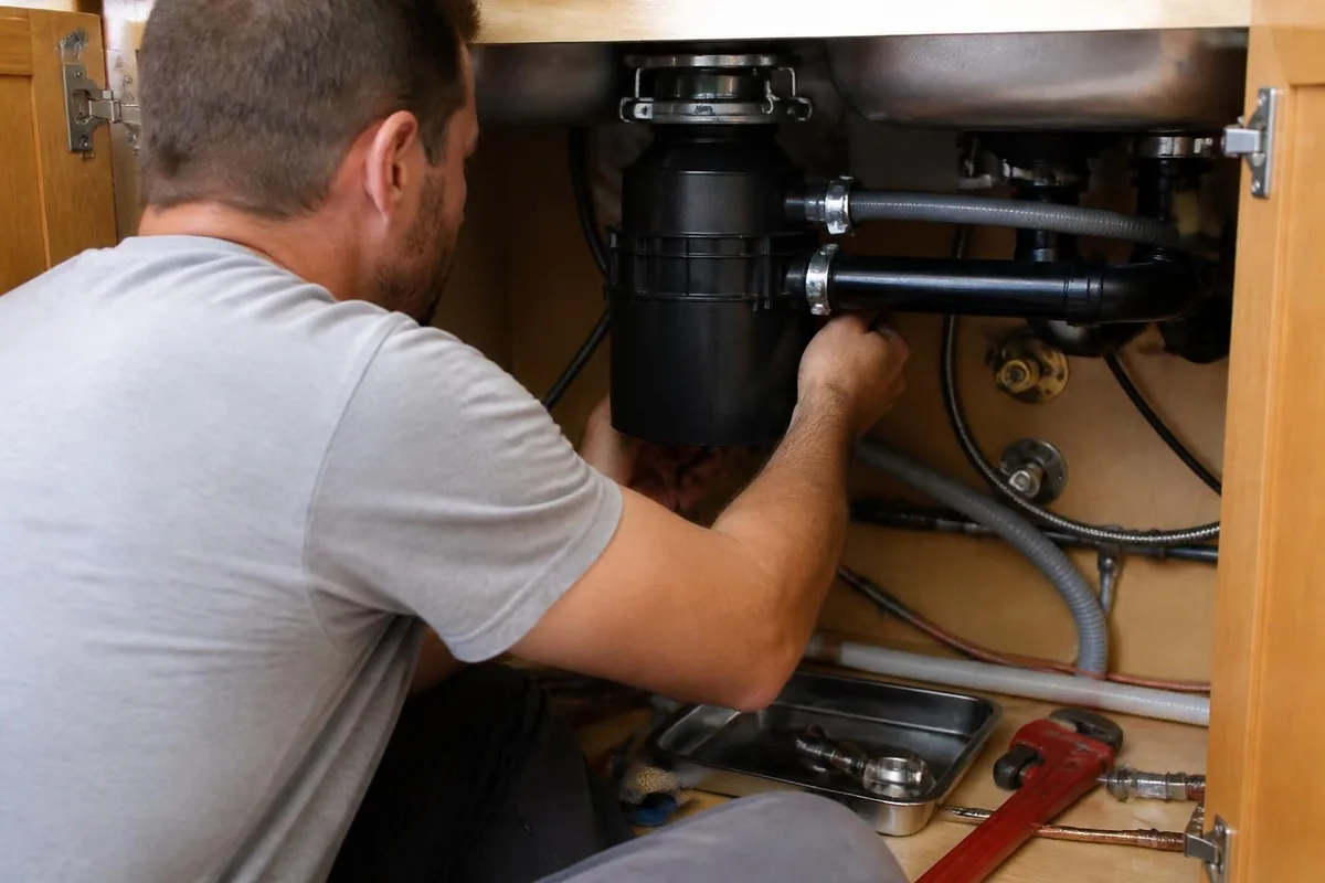 Plumber wiring a new garbage disposal under a sink cabinet, garbage disposals in Durham, NC