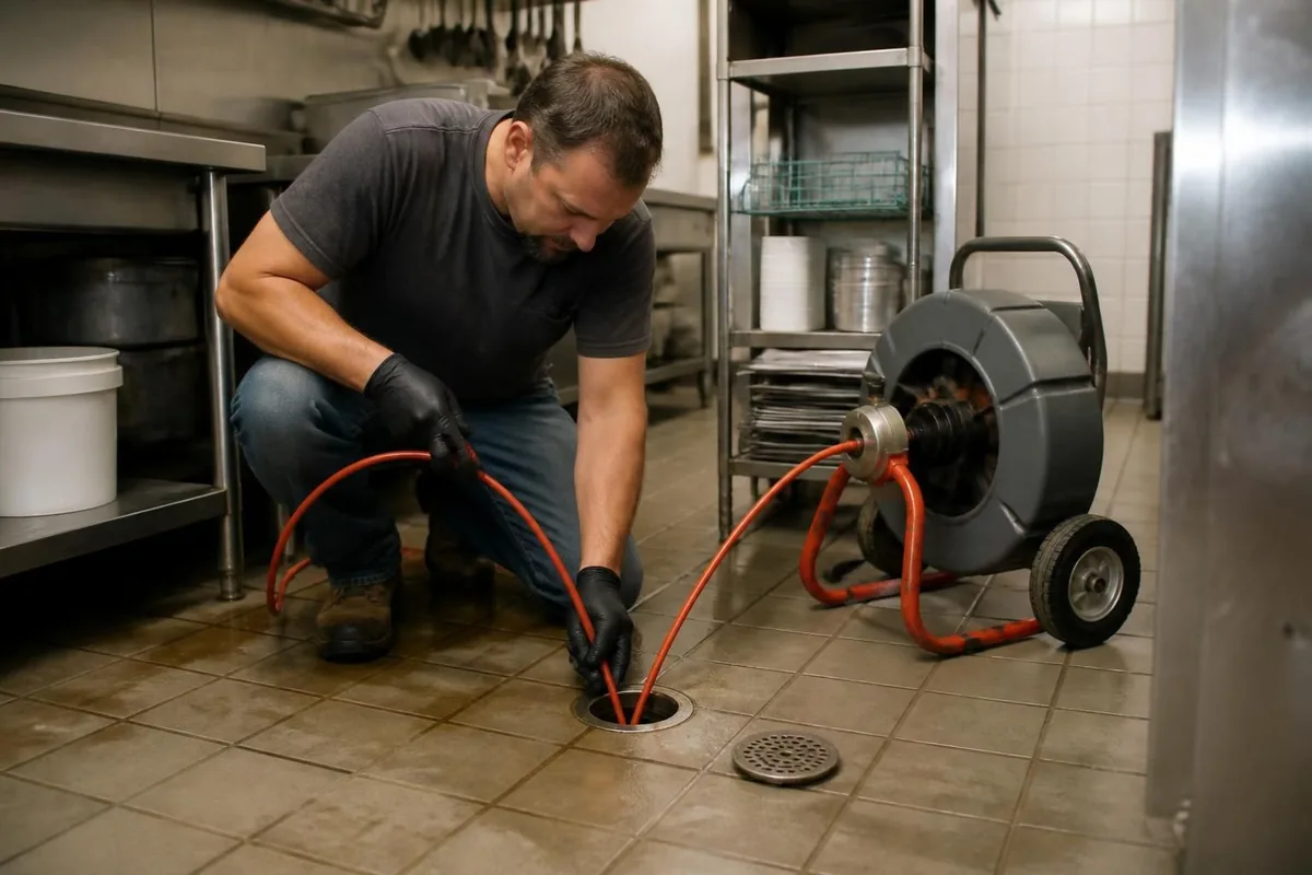 Plumber guiding a jetter hose into a commercial kitchen floor drain, hydro jetting in Durham, NC