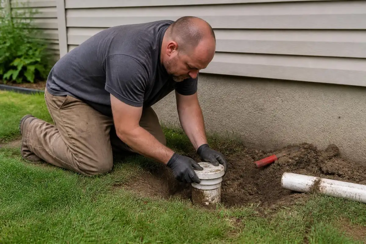 Plumber replacing a cracked sewer cleanout cap in a lawn, sewer line repair in Durham, NC