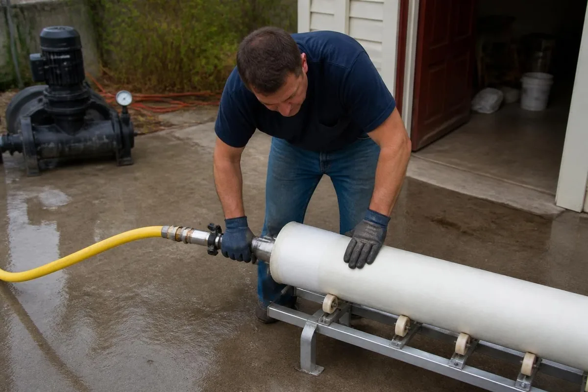 Plumber preparing a pipe lining bladder for trenchless sewer relining, sewer line replacement in Durham, NC