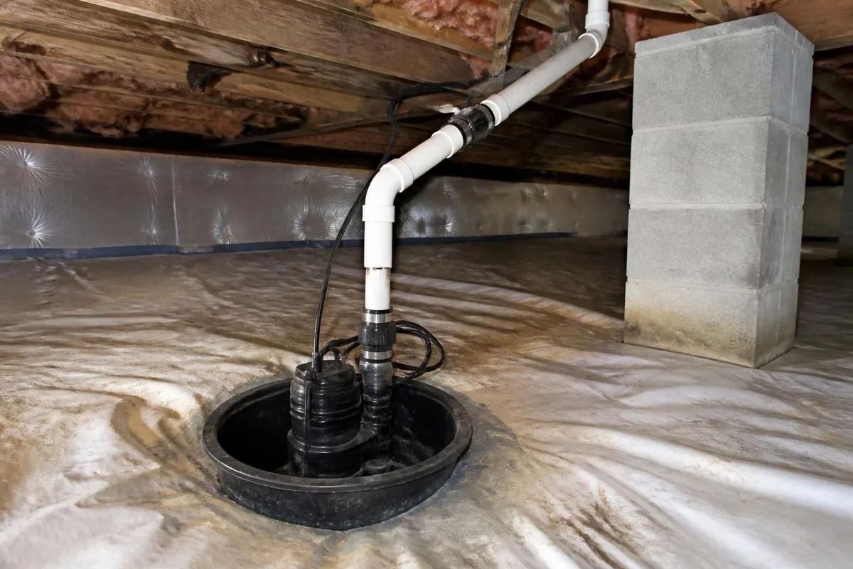 Sump pump installed in a crawl space with discharge line, sump pumps in Durham, NC