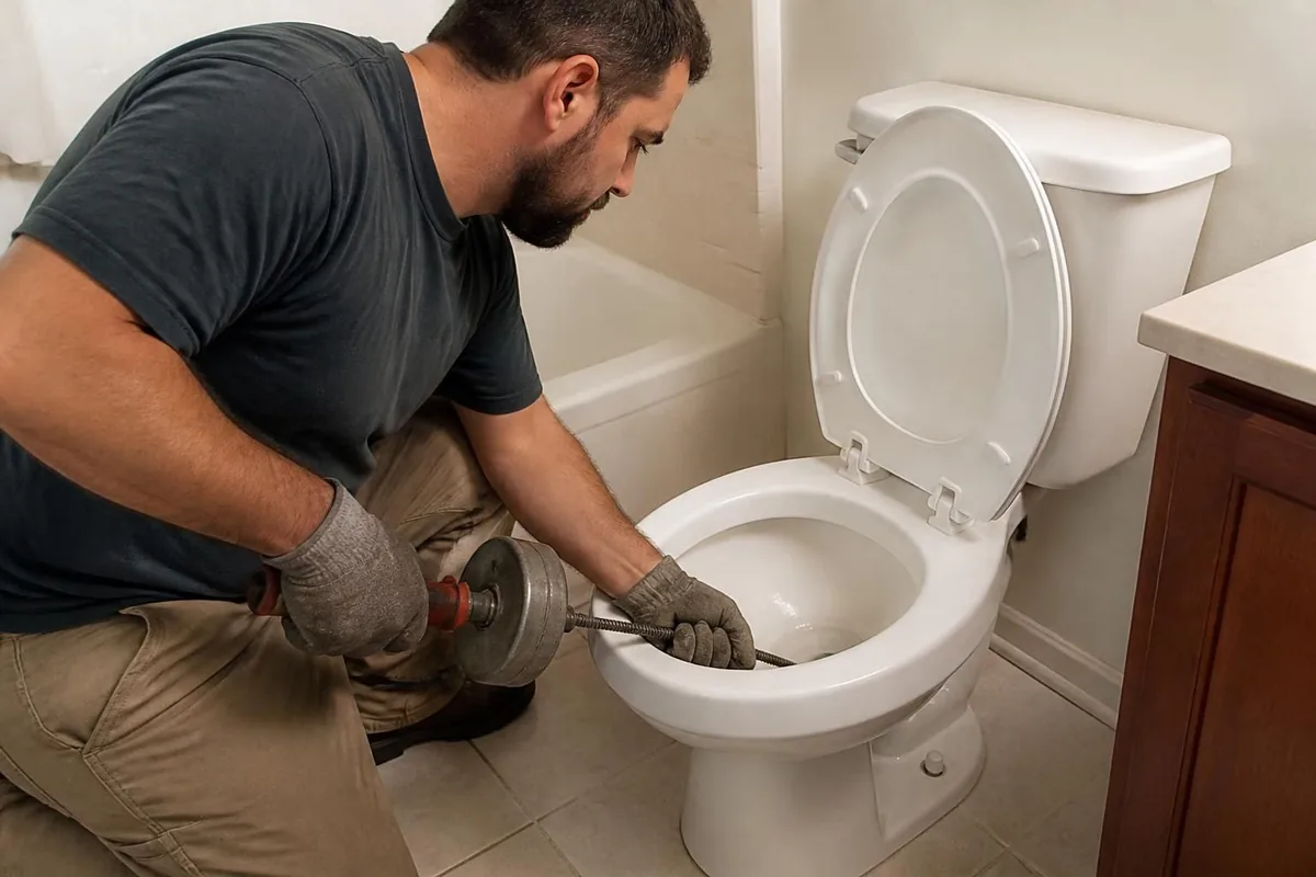 Plumber clearing a toilet with a closet auger, toilet repair in Durham, NC
