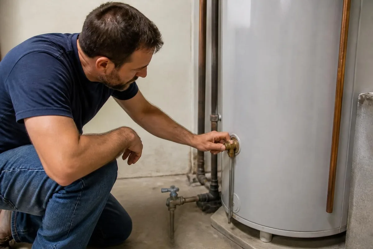 Plumber checking the temperature and pressure relief valve on a water heater, water heater repair in Durham, NC