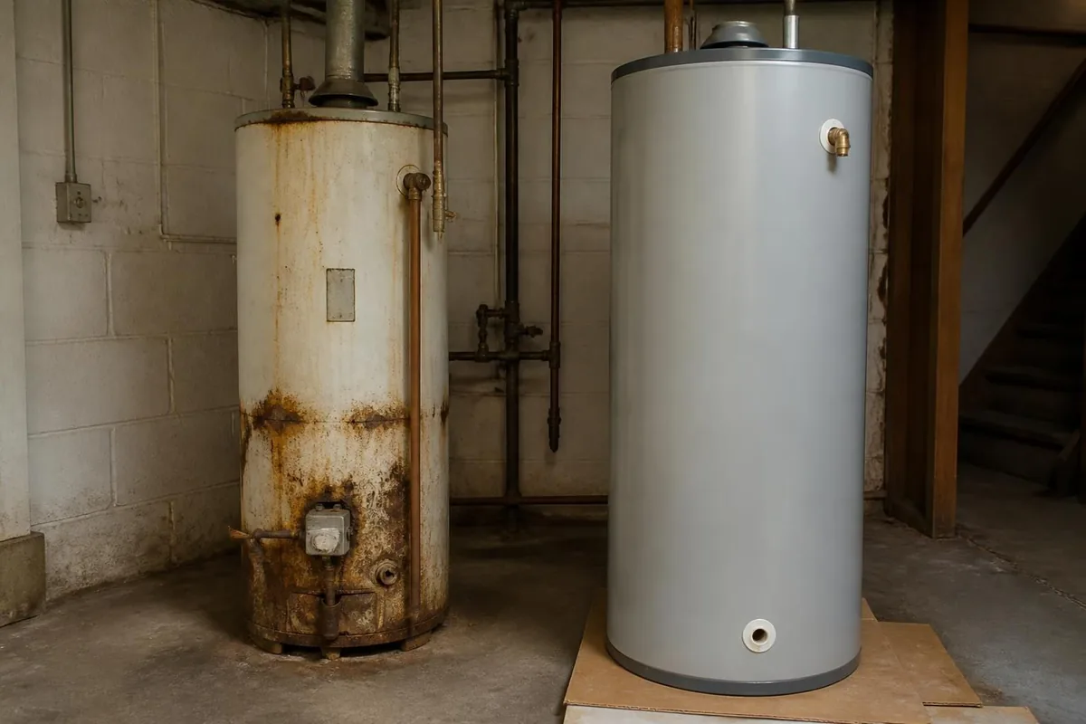 Old rusted water heater beside a new one ready for installation, water heater replacement in Durham, NC