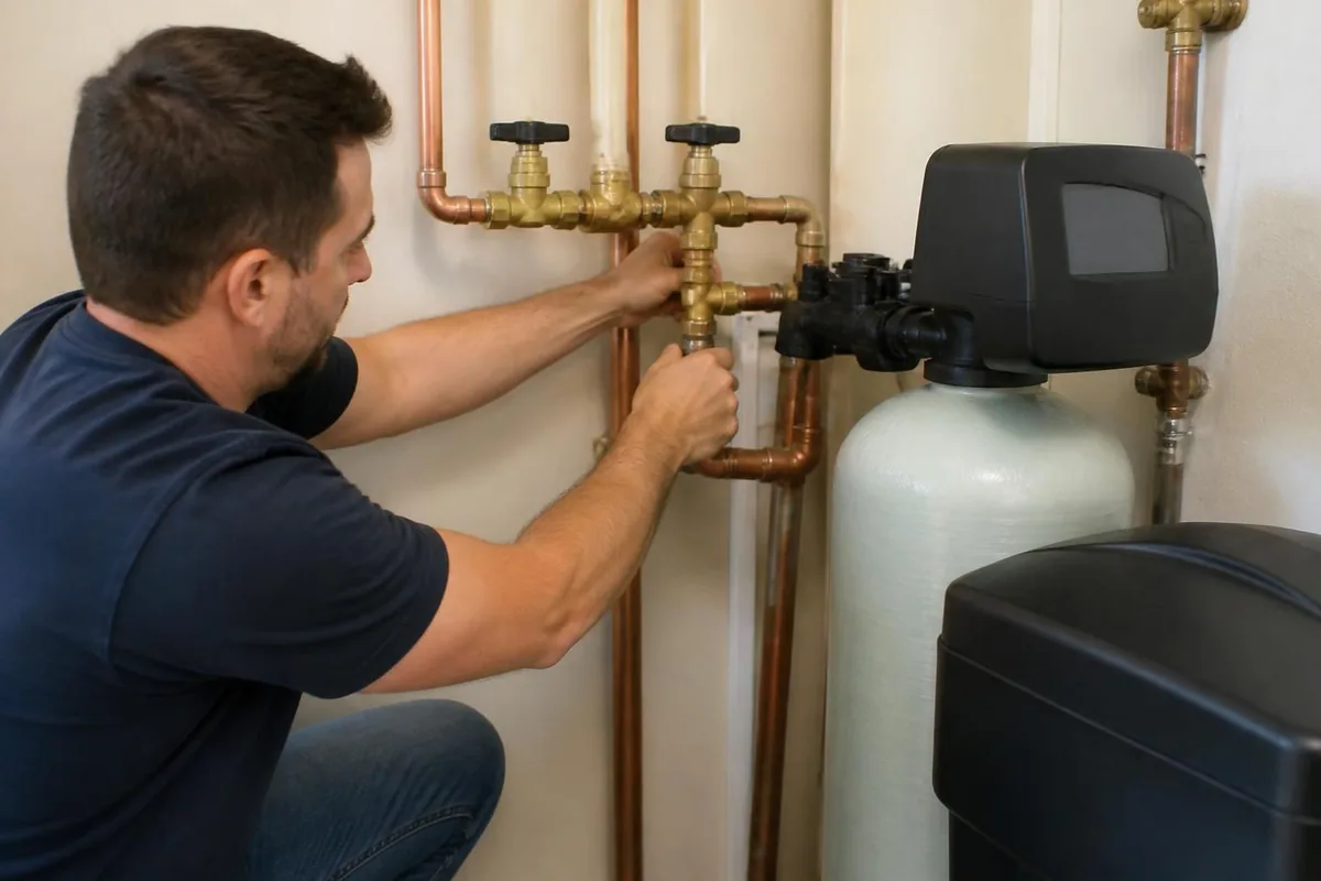 Plumber connecting bypass valve piping to a water softener, water softeners & filtration in Durham, NC